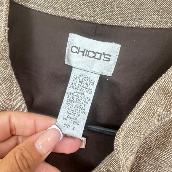 Chicos Metallic Embroidered Button-Up Jacket SZ 2 Beige Long Sleeve Cotton Blend - Picture 3 of 16